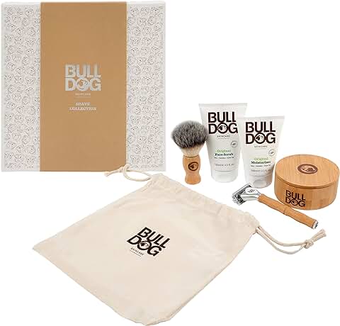 Bulldog Skincare-Kit Shave Collection - Incluye Maquinilla Original Bambú de 5 Hojas + Exfoliante Facial 125 ml + Crema Facial Hidratante 100 ml+ Brocha de Afeitar + Jabón de Afeitado 100 g + Bolsa  