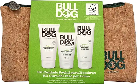 Bulldog Skincare - Neceser Cuidado Facial Hombre, Incluye: Limpiador Facial 150 ml + Gel de Afeitado 175 ml + Crema Hidratante 100 ml y Neceser de Corcho Sostenible | Set Regalo Hombre Cuidado Facial  