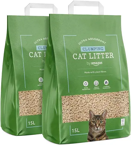 By Amazon - Classic Arena para Gatos a base de Fibras, Sin Esencia, 2 x 15 Litros  