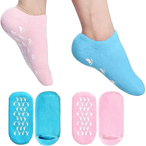 Calcetines Humectantes, 2 Pares Medias de Gel Calcetines Suaves de Gel Hidratante, Forro de Gel con Aceites Esenciales y Vitaminas para Hidratar el Cuidado de la Piel Agrietada, Azul y Rosa  