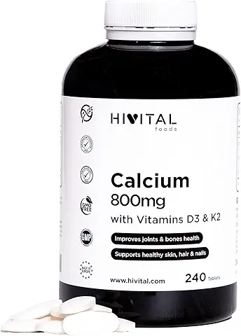 Calcio 800 mg con Vitamina D3 y K2. 240 Comprimidos para 4 Meses. Carbonato de Calcio Orgánico con Vitaminas K2 MK7 y D3 para Mejorar la Salud de los Huesos, las Articulaciones, Piel, Cabello y Uñas  