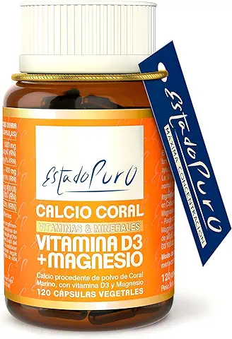 Calcio y Vitamina D Estado Puro | Calcio Coral Marino (1000 mg) + Vitamina D3 (400 UI) + Magnesio Citrato (400 mg) | Huesos y Articulaciones Fuertes | 120 Cápsulas Vegetales de Tongil  