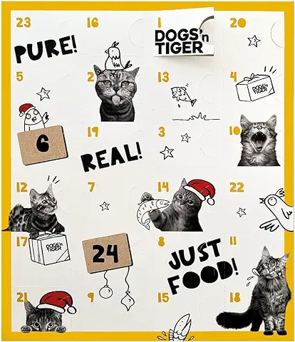 Calendario de Adviento para Gatos de Dogs'n Tiger – Aperitivos Naturales 90% Carne (Pollo) y Pescado (salmón) Detrás de Cada Puerta, sin Azúcar ni Cereales para Todos los Gatos y  