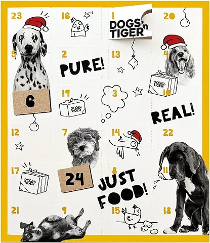 Calendario de Adviento para Perros de Dogs'n Tiger – Aperitivos Naturales 90% de Carne Detrás de Cada Puerta, sin Azúcar ni Cereales para Todos los Perros y Cachorros  