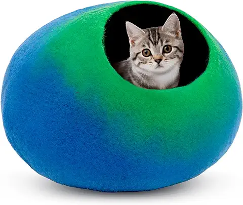 Cama Cueva de lana para Gatos (mediana), Hecha a mano con 100% lana Merino, Cueva de Fieltro Ecológico para Gatos y Gatitos de Interior (Emerald On Indigo)  