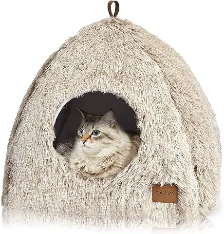 Cama para Gatos CATISM, Cama Caliente con Almohadas Blandas Extraíbles y Lavables (40 x 40 x 37 cm), Adecuada para Gatos de Interior o Pequeños Cachorros en Hogares de Acogida, Color Café  