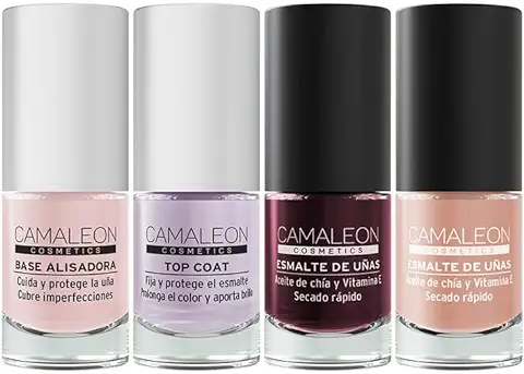 Camaleon Cosmetics - Pack Tratamiento Base Alisadora y Top Coat + Dos Esmaltes - Color Borgoña y Nude - Vegano - 4 Unidades.  