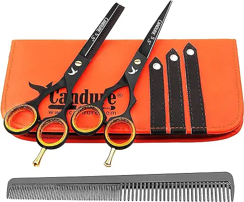 Candure - 5.5" Tijeras de Peluquería Profesional - Deep Negro - Tijeras de Peluquería - Tornillo Fijar pelo de Peluquería Tijeras del Corte del Peluquero y Salón de Adelgazamiento Tijeras Set  