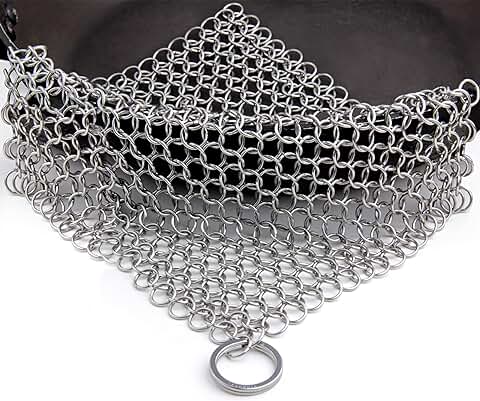 Candure Limpiador de Hierro Fundido - Acero Inoxidable de 17 x 17 cm Depurador de Cota de Malla para Todo Tipo de Parrillas, Sartenes, Parrillas y Hornos Holandeses  