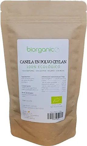 Canela Ceylan en Polvo, 100g. Autentica.Pureza 100%. Sin Gluten, sin MGOs. Biorganic. Marca Española.  