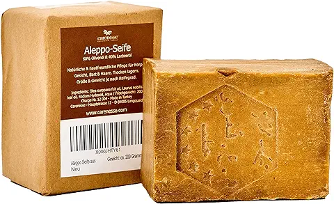 Carenesse Jabón Alepo, 60% de Aceite de Oliva y 40% de Aceite de Laurel, Receta Tradicional, Cortada a Mano, Producto Natural, sin Colorante y Perfumes Artifical, 100% Vegetal, Jabón Natural, 200 g  
