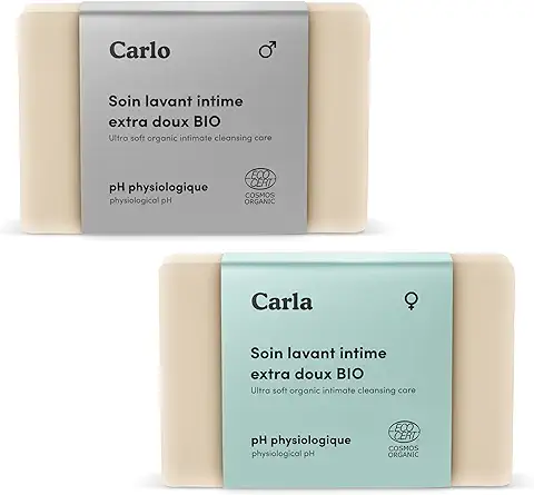 Carlo & Carla – Caja de 2 Cuidados de Limpieza Sólidos para las Partes íntimas y las Mucosas Genitales Externas, Orgánico Certificado, 0 Perfumes 0 Sulfato: 1 para Mujer y 1 para Hombre  