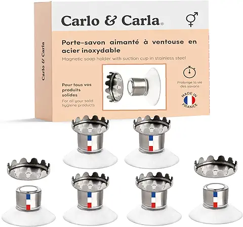 Carlo & Carla - Jabonera Magnética con Ventosa de Acero Inoxidable, para Todos tus Productos de Higiene Sólidos. Fabricado en Francia y Reutilizable: Ecológico y Económico - Juego de 6  