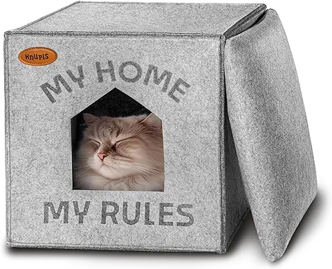 Casa para Gato - Compatible con Estantería Kallax - Fieltro Ecológico - Cojín Lavable - Base Antideslizante - Ideal para Gatos y Perros Pequeños - Gris Claro  