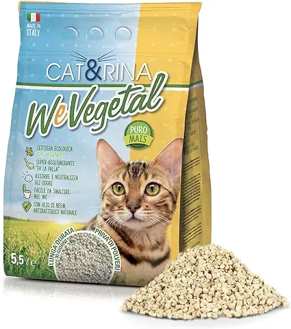 Cat&Rina WeVegetal - Bandeja de Arena para Gatos Aglomerante de Maíz de 5,5 l, 100% de Origen Vegetal. Hasta 30 Días de Uso. Se Elimina en el Inodoro o Orgánico. Arena Gatos de Maíz.  