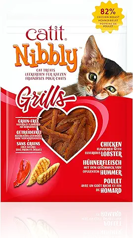 Catit Nibbly Grills Snack seco Saludable para Gatos, Tiras de Pollo Masticables, Pollo y Langosta, 30g  