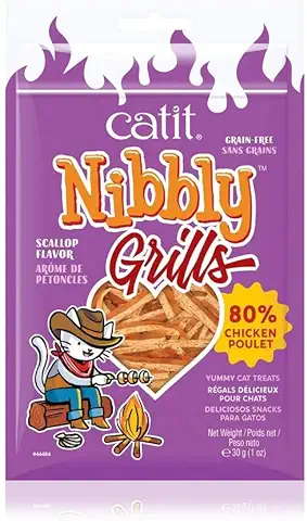 Catit Nibbly Grills Snack seco Saludable para Gatos, Tiras de Pollo Masticables, Pollo y Vieria, 30 g  