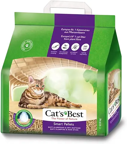 Cat's Best Arena para Gatos Aglomerante Smart Pellets (2,5 kg). Arena Biodegradable Hasta 7 Semanas de Uso. Lecho para Gatos Natural Absorbente.  