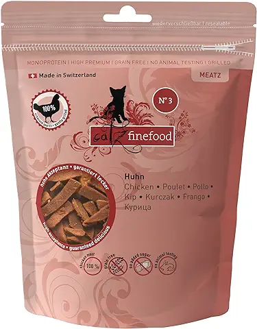 Catz Finefood Meatz - Chucherías para Gatos, Tiras de Carne Crujientes para Gatos Aperitivo sin Cereales para Gatos sin Azúcar, Varios Tipos (Pollo, Ternera, Pato, Ciervo, Conejo, Canguro).  