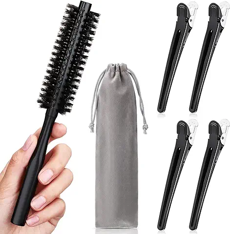 Cepillo Redondo Pequeño de Pelo 1,2 Pulgadas para Pelo Corto Cepillo Redondo de Cerdas de Jabalí con 4 Pinzas para Cabello y Bolsa con Cordón Cepillo de Mango de Madera para Barba Cabello  