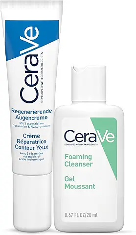 CeraVe Crema para Contorno de ojos Reparadora para Bolsos y Ojeras con ácido Hialurónico y Niacinamida, 15 ml + Espuma Limpiadora Travel Size 20 ml  