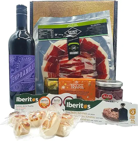 Cesta Navidad de Jamon Ibérico Gourmet | Económica y Variada | Perfecta para Regalar como Cestas de Navidad de Empresas | Con Jamon Iberico + Pates + Mazapanes + Vino + Turron.  