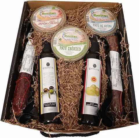 Cesta sin Gluten y sin Lactosa y sin Alcohol para Intolerantes y Alérgicos. Con Chorizo y Salchichón Ibérico de Bellota, Aceite de Oliva Virgen Extra, Vinagre ,2 Patés y 1 Crema  