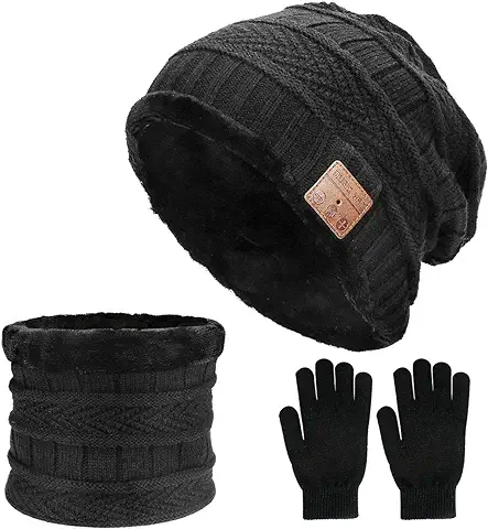 CestMall Gorro Bluetooth con Bufanda y Guantes de Pantalla Táctil Set Wireless Hat Auriculares Bluetooth 5.0 Gorro de Punto USB Recargable Invierno Música Cap Regalo para Hombres Mujeres Navidad  