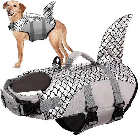 Chaleco Salvavidas para Perros, Chaqueta Chaleco de Seguridad Cachorros Ropa de Baño con Aleta de Tiburón para Perros Pequeños Medianos Grandes(Gris, XL)  