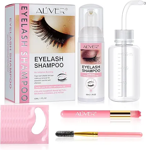 Champú Extensión de Pestañas 50ml, con Botella de Enjuague + Cepillo + Parche Ocular de Hidrogel, Champú Limpiador de Pestañas, Limpieza de Espuma, Salón y uso Doméstico  