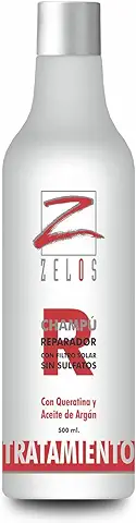 Champú Reparador Profesional - 500ml - Con Queratina y Aceite de Argán - Pelo Dañado, Seco o Encrespado - Todo tipo de Cabello - Champú Sin Sulfatos ni Parabenos - Filtro Solar - Zelos  