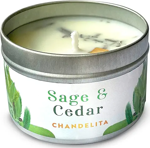 Chandelita Vela Aromática Salvia y Cedro Con Cera De Soja y Aceites Esenciales Con Hojas de Salvia y Madera de Cedro - Velas Decorativas - Velas Perfumadas - Para Relajación y Meditación  