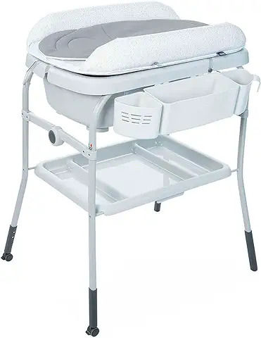 Chicco Cuddle & Bubble Bañera Bebé Ergonómica con Patas y Cambiador con Acolchado y Suave Reductor, Altura Regulable, Cierre Compacto, Organizador, 2 Ruedas, Máx. 11 Kg, Color Gris (Dots), 1 Unidad  