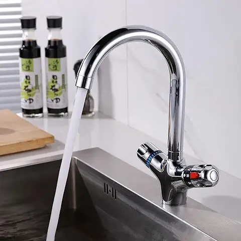 Chicstyleme Grifo de Lavabo con Termotato, Batería Termostática, Grifo Mezclador de baja Presión, Grifo Mezclador con Botón Giratorio de dos Manijas, Caño J, Grifo de Ahorro de agua  