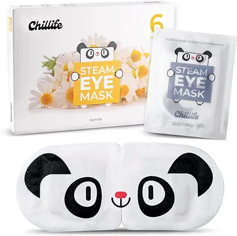 Chillife 5+1 Mascara de ojos con Fragancia a Manzanilla I Antifaz Cálido para Relajación, spa, Bienestar I Ideal para ojos Secos, Hinchados y Ojeras I Mascara de Vapor con Diseño de Panda  