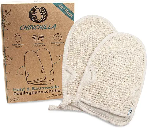 Chinchilla Guante Exfoliante | Es De Algodón Y Cáñamo | Limpieza Suave Para Cuerpo Y Cara | Esponja De Ducha Para Exfoliar & Body Scrub | Guante De Masaje, Beige, Natural, 2 Unidad  