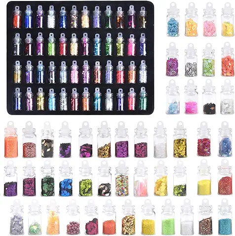 Chstarina 48 Botellas Lentejuelas Holográficas de Uñas, Decoración de Uñas, Purpurinas Polvo, Estrellas Corazón Lentejuelas Glitter Flakes Paillette Brillante Decoración para Manicura Diseños de Uñas  