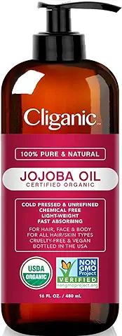Cliganic Aceite de Jojoba Bio, 100% Puro Ecologico (473ml) Prensado en Frio, Natural Vegano, sin Hexano | para Cabello, Cara, Cuticulas, Pelo, Masajes | Certificado Orgánico Vegetal | 90 Días Garantía  