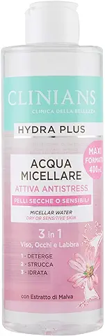 CLINIANS HYDRA PLUS agua Micelar Activa Antiestrés para Pieles Secas o Sensibles, con Extracto de Malva, 400 mL  