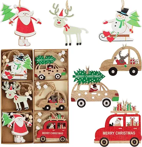 Colgante Navideño de Madera, FainFun 18 Piezas Adornos de Madera de Colgantes con Cuerda para Árbol de Navidad, Decoraciones para Árboles de Navidad de Madera, Coche, Papá Noel, Reno, Muñeco de Nieve  
