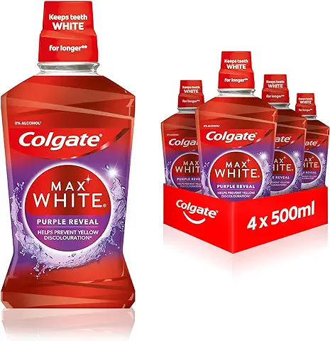 Colgate Enjuague Bucal Max White Purple Reveal 4 x 500 ml – Nuestro Poder lila para Dientes más Blancos, sin Alcohol  