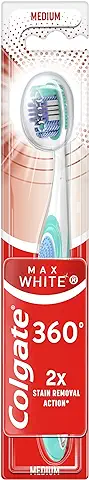 Colgate Max White 360 Cepillo de Dientes Dureza Media, 1 Ud, Blanquea los Dientes, Elimina Manchas, Limpia Zonas de Difícil Acceso, Limpiador de Lengua y Mejillas, Elimina el Mal Aliento  