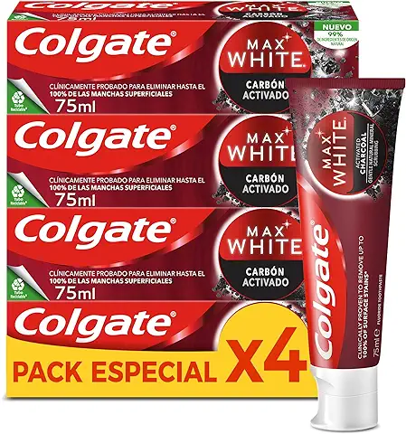 Colgate Max White Carbón Activado Pasta de Dientes Blanqueadora, Pack 4x75ml, Dentífrico Blanqueador, Ingredientes de Origen Natural, Elimina Manchas Superficiales  