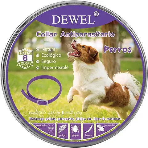 Collar Antipulgas Perros DEWEL, Protección Efectiva de 8 Meses, Collar Contra Pulgas Garrapatas y Mosquitos, Natural y Seguro para Perros Grandes, Medianos y Pequeños, 63.5 cm Morado  