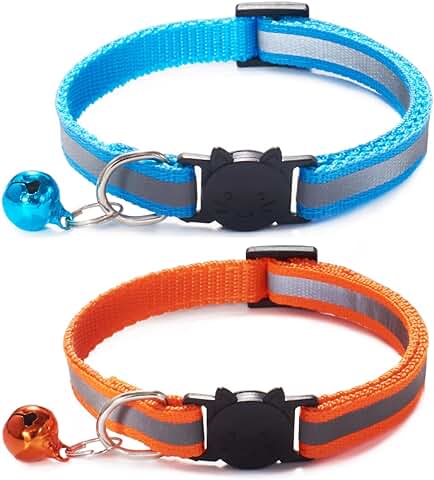 Collar Gato Reflectante, 2 Piezas Paquetes Collar Gato Personalizado, Collares para Gatos con Cascabeles y Hebilla Seguro de Liberación Rápida, 19-32 cm (Naranja, Azul Cielo)  