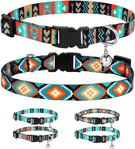 CollarDirect Collar Gato de Cuero con Cascabel - Collar Elástico para Gatos Cierre de Hebilla de Seguridad - Varios Tamaños y Colores (Tribal + Aztec)  