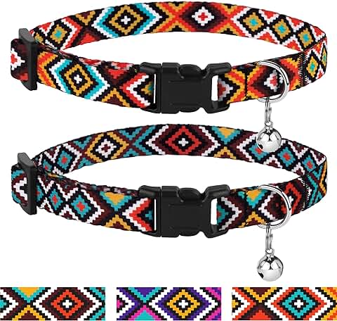 CollarDirect Collar Gatos con Hebilla de Seguridad Fácil de Abrir y Cerrar - Set de 2 Collares de Gato Ajustables Nailon con Cascabel Estampado Tribal  