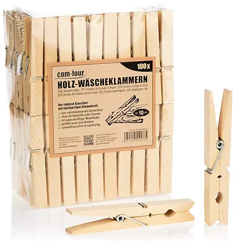 Com-four® 100x XXL Pinzas para la Ropa de Madera - Madera de Abedul sin Tratar para Colgar Ropa Aprox.10 cm (100 Piezas - Abedul - XXL)  