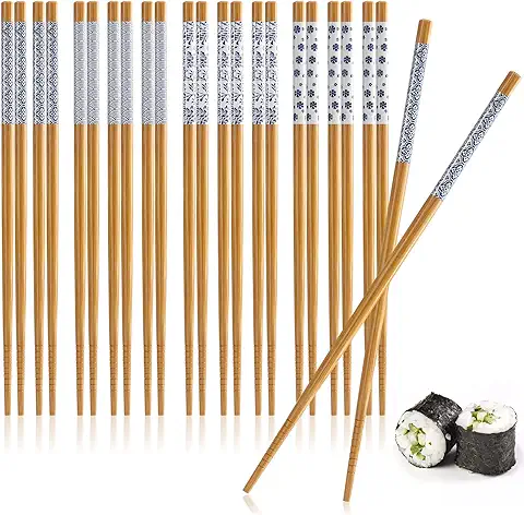 COM-FOUR® 12 Pares de Palillos de Bambú - Palillos Reutilizables - Juego de Palillos de Madera con Diseño azul - Cubiertos de Bambú con Borde Ornamental (12 Pares de Palillos - Azul/marrón)  