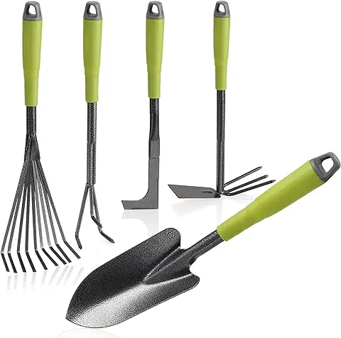 COM-FOUR® Juego de Herramientas de Jardín de 5 Piezas - Juego de Jardín con Azada Doble, Cultivador Pequeño, Raspador de Juntas, Rastrillo de Mano, Paleta de Flores (005 Pieza - Verde)  